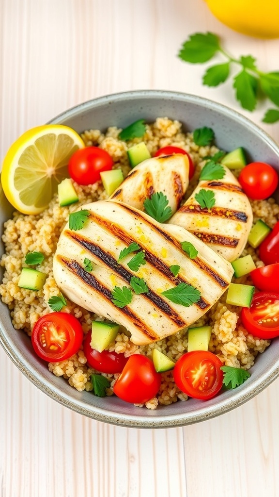 A colorful lemon quinoa chicken bowl with grilled chicken, quinoa, cherry tomatoes, cucumber, and parsley on a wooden table.